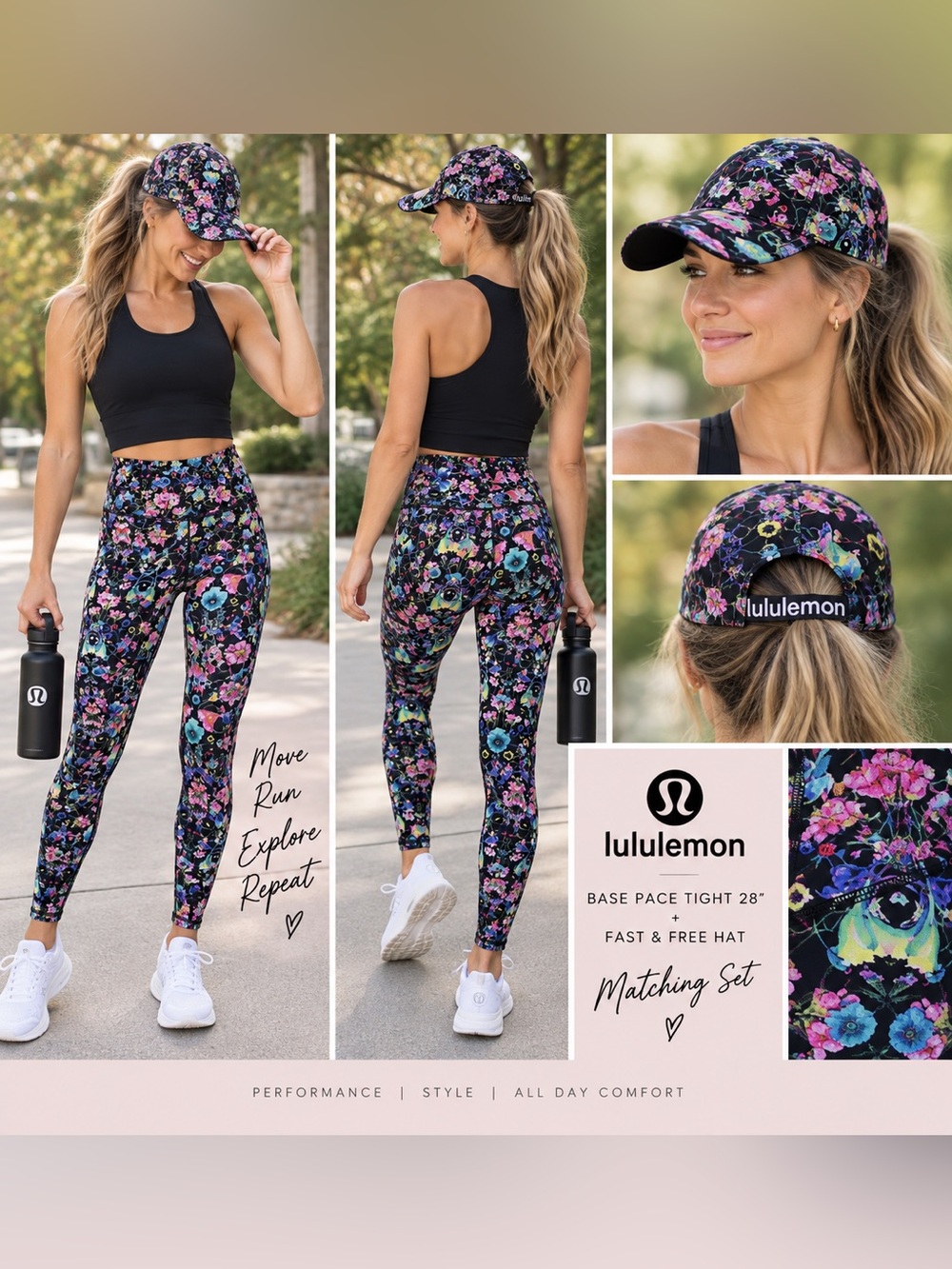lululemon athletica Matching Base Pace Tight 28" - Floral Black with Floral Hat
